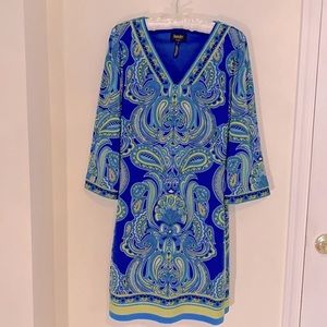 Laundry by Shelli Segal Long Sleeve Paisley Dress S Royal Blue Green Pullover